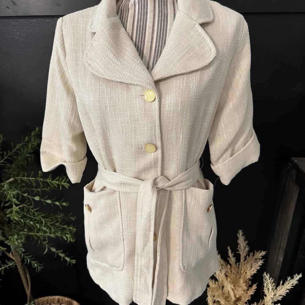 NWT $158 Anthropologie Bishop + Young Belted Ivory Tweed Jacket Sz Med